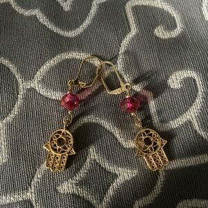Gold Hamsa Drop Earrings with Pink Crystal Accent
